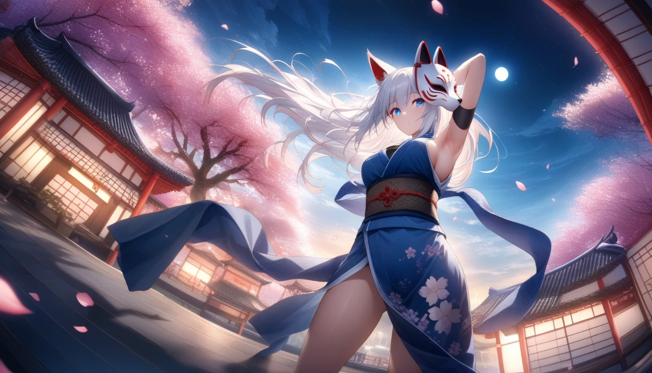 Exposed armpits and chest、A magnificent view of the city from the treetopasterpiece, best quality:1.2), 1girl, 独奏,Wolf girl, fox mask, ninja, girl, long white hair, odd eyes, blue kimono, ninja girl, red and blue scarf,Dancing Cherry Blossoms,Full moon backlighting, light coming in, fantastic atmosphere.night、Shadows of light and darkness、Eyes glowing in the dark、Black fox mask、Fisheye Lens、Expansive starry sky、long hair that spreads、Overlooking the city from atop a large cherry tree、Aside exposure、A Chinese umbrella with a cherry blossom pattern