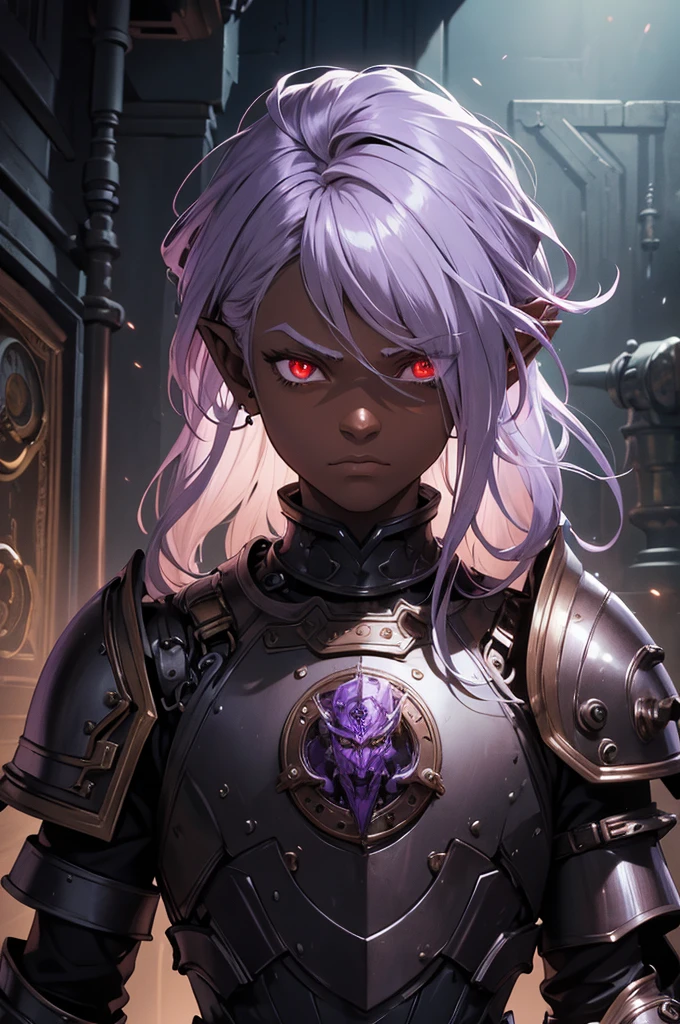 masterpiece, best quality, ultra high res, dark theme, 1boy, (dungeonpunk armor), (mechanical steampunk armor), (wearing armor), fantasy illustration, dark skinned, human, upper body, portrait, red eyes, long white hair, half-drow, pointy ears, serious face, young man, dramatic lighting, purple hue, art by Kinema Citrus