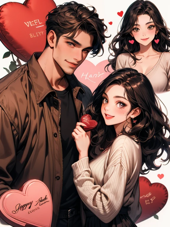 masterpiece, couple,  1 woman, a beautiful female, long wavy black hair, brown eyes, 1 man, a beautiful man, brown eyes , short wavy hair, beautiful smile,  casual outfit, valentine, happy, smile, chocolate, roses, hearts, kiss, Kiss in the lips 