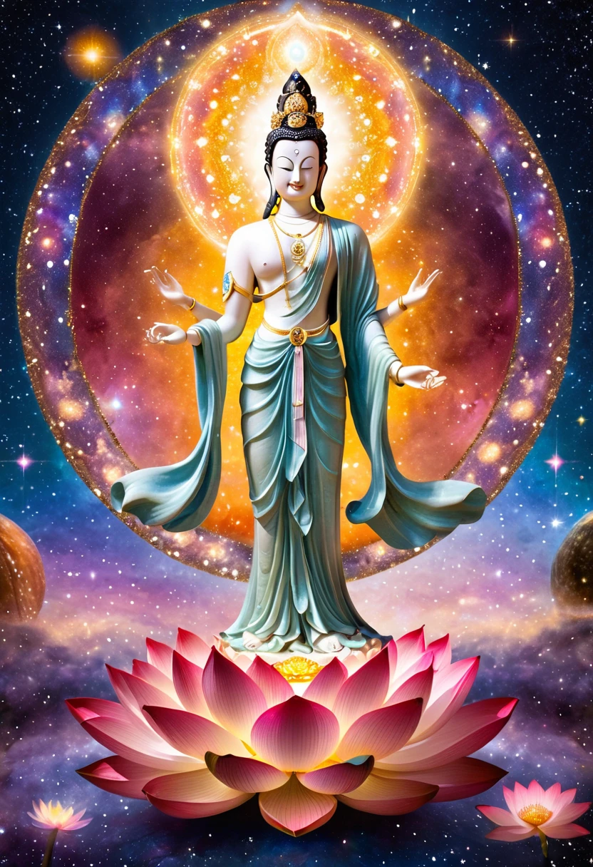 Ksitigarbha Bodhisattva statue，Enlarge the circle of light around the body，In the right hand lives the staff，The left hand is placed on the chest with a shining Mani Pearl in front.，Standing on the lotus platform，Standing in the middle of the galaxy in space，Stardust background，Warm colors，The light is shining，Panoramic lens，Perfectly intricate details，8k quality