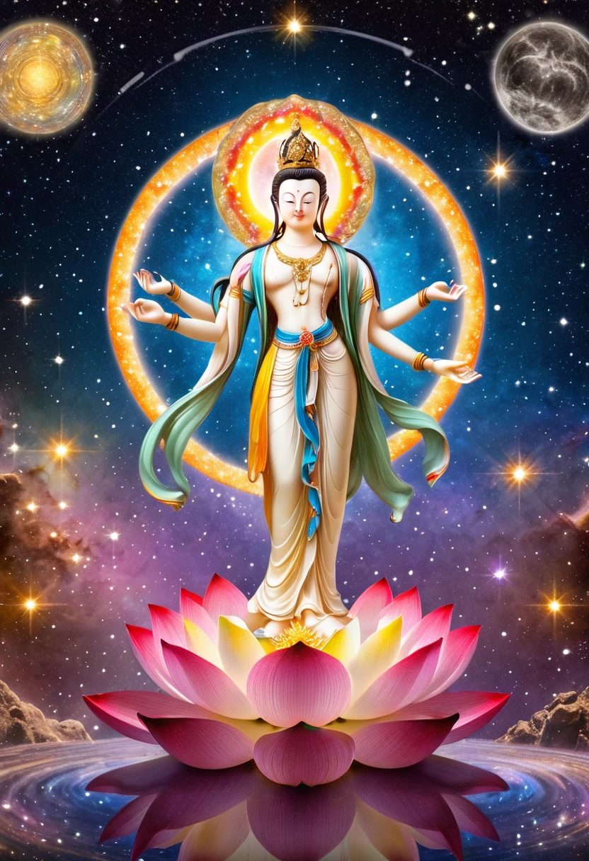 Ksitigarbha Bodhisattva statue,Enlarge the circle of light around the body,In the right hand lives the staff,The left hand is placed on the chest with a shining Mani Pearl in front.,Standing on the lotus platform,Standing in the middle of the galaxy in space,Stardust background,Warm colors,The light is shining,Panoramic lens,Perfectly intricate details,8k quality
