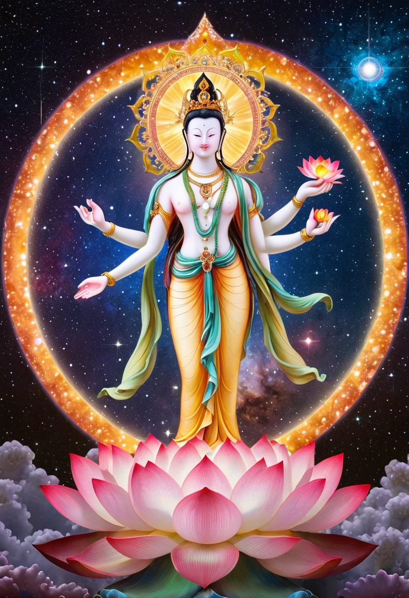 Ksitigarbha Bodhisattva statue,Enlarge the circle of light around the body,In the right hand lives the staff,The left hand is placed on the chest with a shining Mani Pearl in front.,Standing on the lotus platform,Standing in the middle of the galaxy in space,Stardust background,Warm colors,The light is shining,Panoramic lens,Perfectly intricate details,8k quality