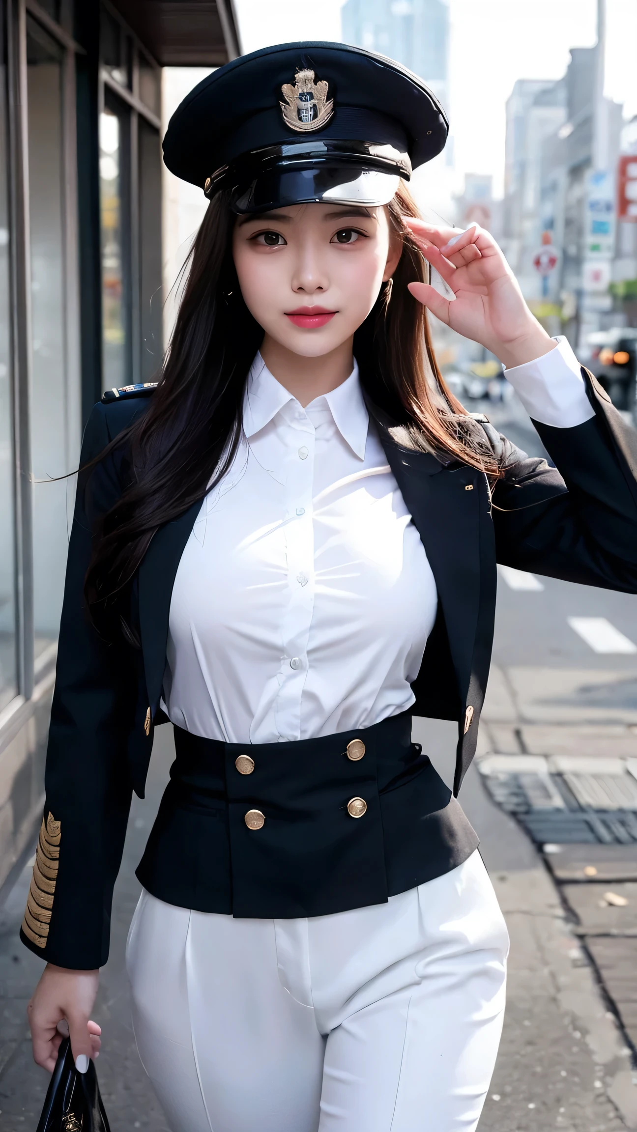 最high quality, masterpiece, 32k、Very detailed、Realistic、1 Girl, Japanese women、uniform costume、Futuristic sexy costume, uniform、US Army uniform hat、uniform、Class seal、Wearing a uniform hat(military uniform hat), Cute face, (photo current:1.3),Edge lighting, (Skin with attention to detail:1.2), 8K超High resolution, Single-lens reflex camera, high quality, High resolution, 4K, 8K, Optimal ratio of four fingers to one thumb, (current:1.3), cute 1 Girl, Realistic、Super Realistic、32k、Very detailed、masterpiece, 最high quality, beautiful girl, beauty、Gorgeous girl, Big Breasts, BIG ASS, Tight waist, Spread your legs, Plenty of facial detail, City of the Future, Very detailedな, High resolution, masterpiece, high quality, High resolution,