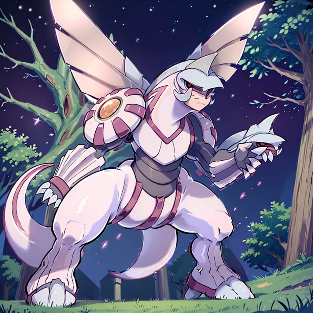 ((masterpiece,best quality)), absurdres, palkia, red eyes, closed mouth, standing, full body, outdoors, sky, shiny, tree, night, star (sky), night sky,