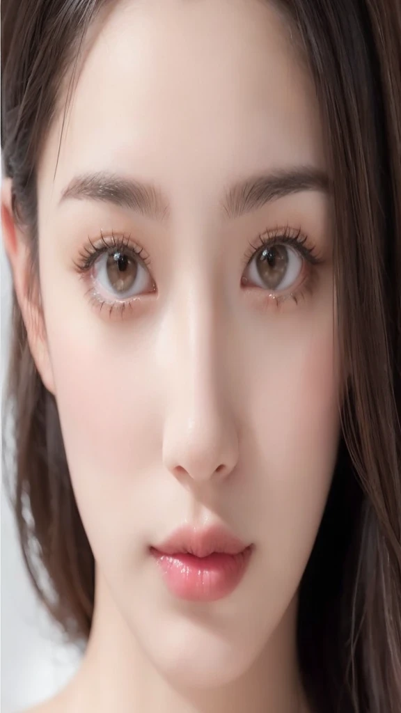 a close up of a woman with long hair and a pink lipstick, beautiful aesthetic face, brown eyes and white skin, clear lips and high quality, attractive female face!!!, light brown piercing eyes, beautiful japanese girls face, extremely beautiful face, lovely delicate face, gorgeous chinese model, red contact lenses, bright piercing brown eyes, photorealistic beautiful face