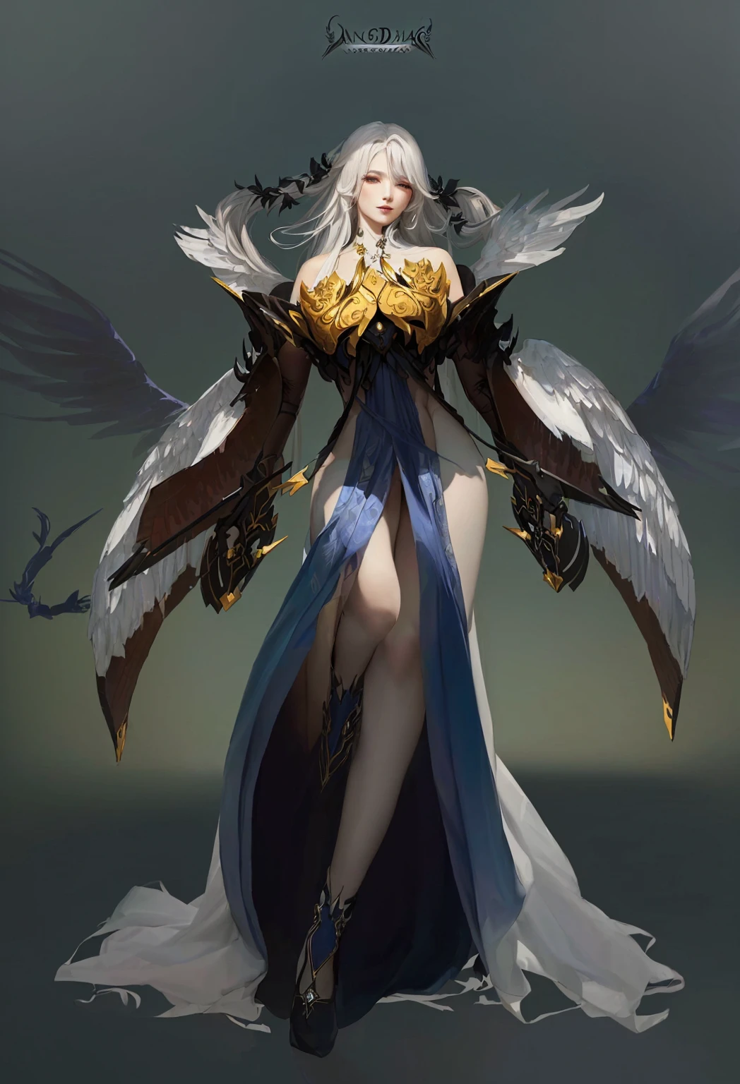 Close-up of woman in long dress with wings, Epic and beautiful character art, Beautiful full body concept art, feng zhu concept art, A complete portrait of an elementalist, Onmyoji detailed art, Dark Witch Panorama, The Queen of Change, author:Yang J, Full body fairy, Demon's Souls concept art, Stunning character art