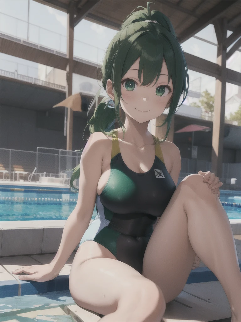 lifelike extremely high resolution keyvisual, calm girl, innocent face, green hair, parted bangs, short low ponytail, extremely detailed beautiful green eyes, big breasts, cowboy shot, sitting, reclining, spread legs, knees up, smile, Racing-style swimsuit, sideboob, pool