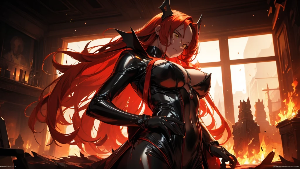 It in color and uses the flames, standing in the middle of the image masterpiece, (best quality) an woman with very long red hair, neckline, black ribbons, (profile picture), bodysuit, cold look, queen, good anatomy, correct proportions, torn clothes, queen, serious, mysterious appearance, blood, emotionless, evil, (yellow eyes), gothic, large chest, cinematics, color oil painting, solo, cinematic lighting, extremely detailed face, finely detailed face, beautiful face, beautiful eyes, perfect lighting, depth of field, realistic proportions, good anatomy, ((((Obra maestra, La mejor calidad, ultrahigh resolution)))), 1girl, standing, (sexy latex costume), facing the viewer, face shot