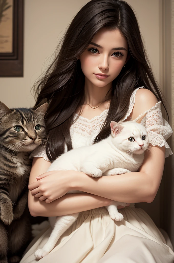 Create the most realistic photo of a beautiful woman in love holding a kitten