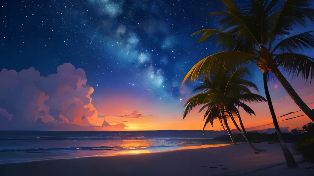 Tropical Sea,night,Beautiful starry sky,milky way,Palm tree,Glitter effect,Highest quality, 8K, High resolution, masterpiece:1.2, Very detailed, Realistic:1.37, High resolution, 超High resolution, Ultra-fine painting, Professional, Vibrant colors