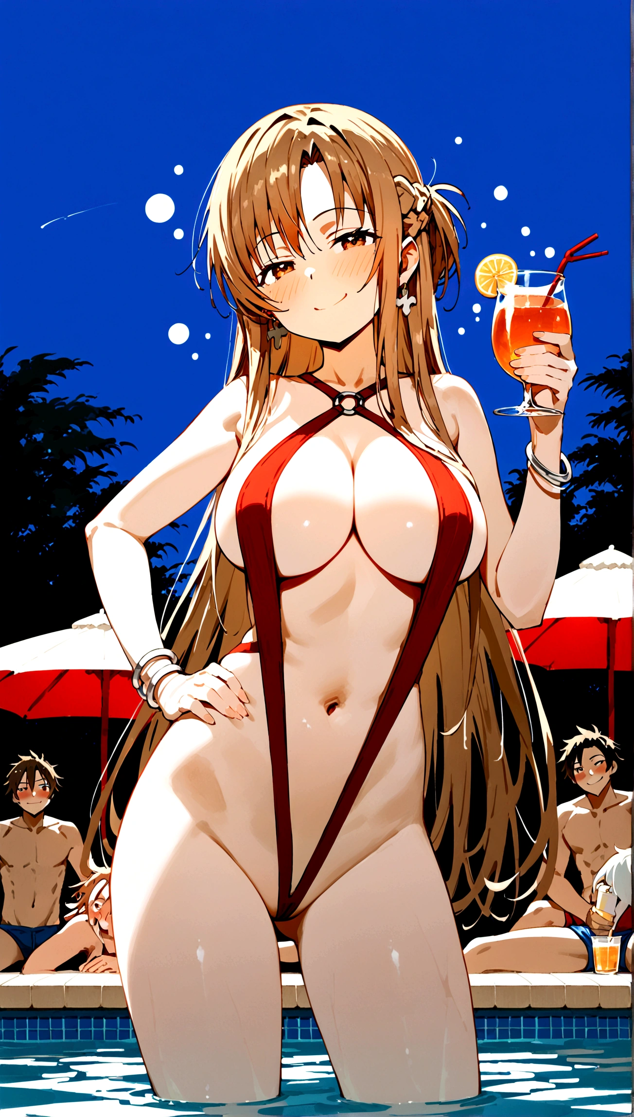 score_9,score_8_up,score_7_up,18 year old,female focus,1girl,asuna \(sao-alo\), sword art online,yuuki asuna,nsfw,brown eyes, brown hair, long hair, bangs, braid,standing,legs up,hand on hip, holding cup,drunk-smirk,blush,large breasts,brown hair,parted hair,long hair,red Slingshot swimsuit,plunging neckline,center opening,cleavage,navel,earrings,bracelet,pool-party ,multiple-people,surrounding by 5 boys(little body),