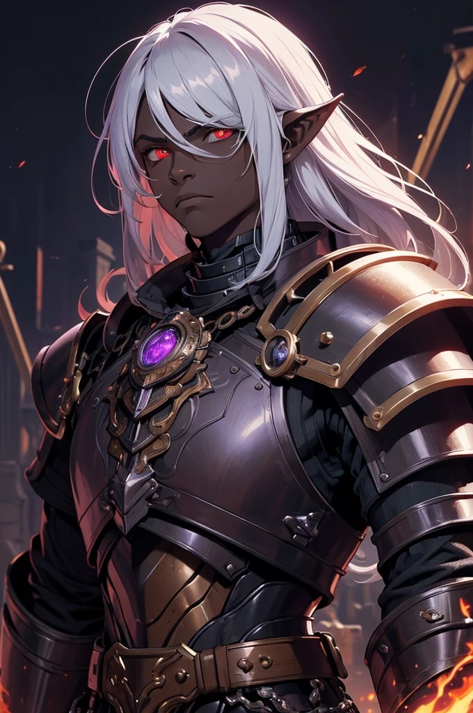 masterpiece, best quality, ultra high res, dark theme, 1boy, (dungeonpunk armor), (mechanical steampunk armor), (wearing armor)fantasy illustration, dark skinned, human, upper body, portrait, red eyes, long white hair, half-drow, pointy ears, serious face, young man, dramatic lighting, purple hue, art by Kinema Citrus