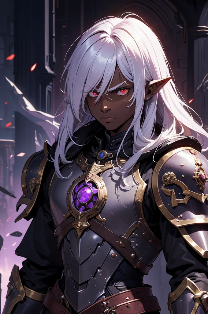 masterpiece, best quality, ultra high res, dark theme, 1boy, (dungeonpunk armor), (mechanical steampunk armor), (wearing armor)fantasy illustration, dark skinned, human, upper body, portrait, red eyes, long white hair, half-drow, pointy ears, serious face, young man, dramatic lighting, purple hue, art by Kinema Citrus