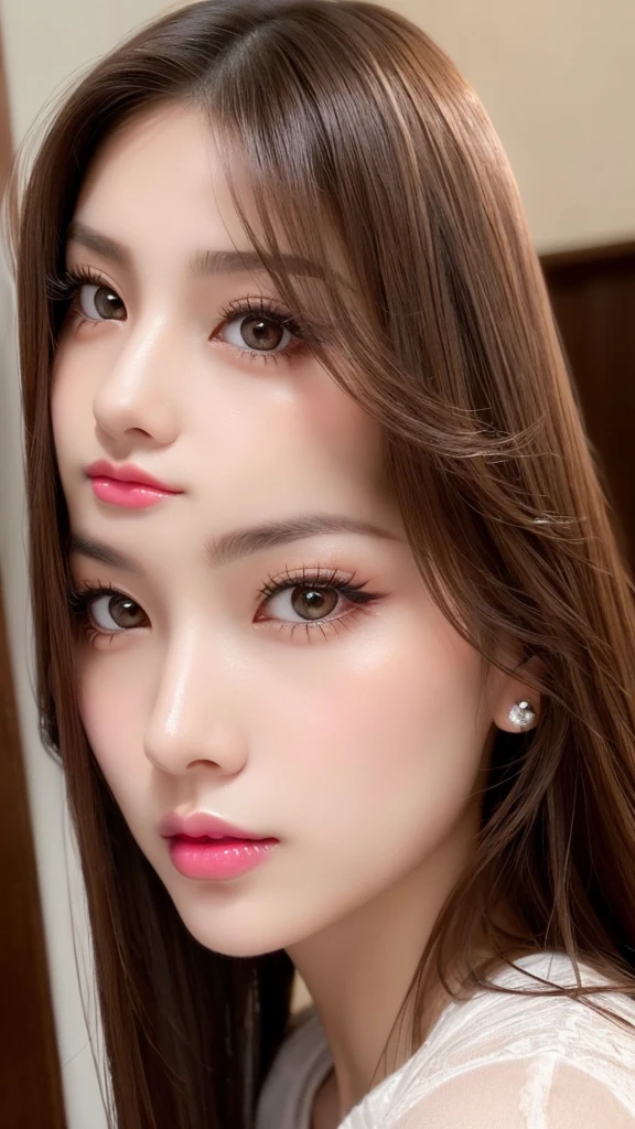 a close up of a woman with long hair and a pink lipstick, beautiful aesthetic face, brown eyes and white skin, clear lips and high quality, attractive female face!!!, light brown piercing eyes, beautiful japanese girls face, extremely beautiful face, lovely delicate face, gorgeous chinese model, red contact lenses, bright piercing brown eyes, photorealistic beautiful face