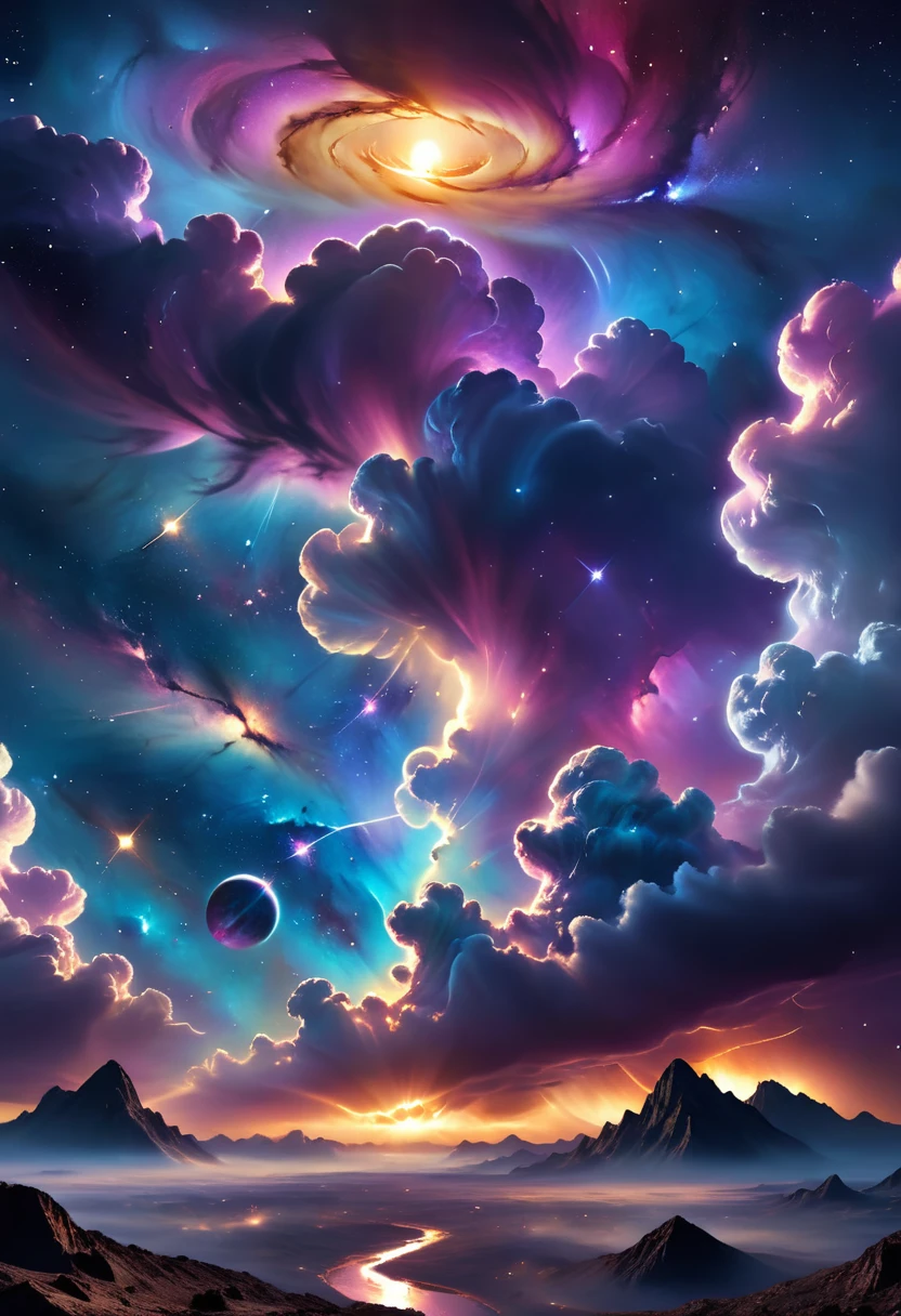 dark cloudy sky, realistic, photorealistic, ultra-detailed, highly detailed, 8k, dramatic lighting, cinematic, intricate celestial nebula clouds, glowing golden sunlight piercing through dark cloudy atmosphere, detailed cosmic dust and stars, dramatic volumetric lighting, chiaroscuro lighting, realistic galaxy textures, epic cosmic landscape, cinematic composition, award winning photography