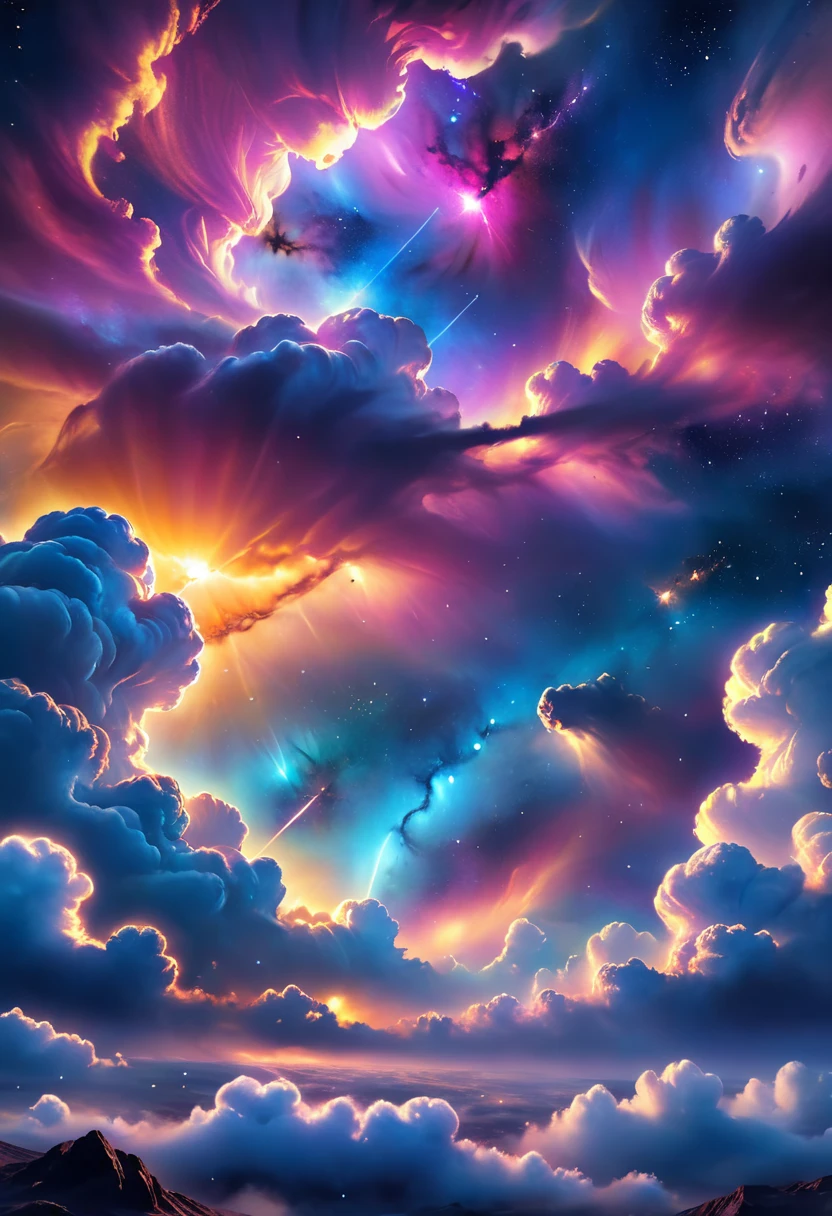 dark cloudy sky, realistic, photorealistic, ultra-detailed, highly detailed, 8k, dramatic lighting, cinematic, intricate celestial nebula clouds, glowing golden sunlight piercing through dark cloudy atmosphere, detailed cosmic dust and stars, dramatic volumetric lighting, chiaroscuro lighting, realistic galaxy textures, epic cosmic landscape, cinematic composition, award winning photography