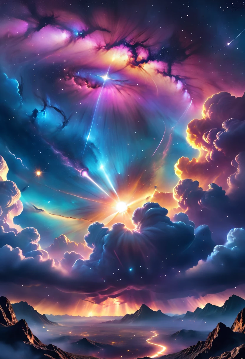 dark cloudy sky, realistic, photorealistic, ultra-detailed, highly detailed, 8k, dramatic lighting, cinematic, intricate celestial nebula clouds, glowing golden sunlight piercing through dark cloudy atmosphere, detailed cosmic dust and stars, dramatic volumetric lighting, chiaroscuro lighting, realistic galaxy textures, epic cosmic landscape, cinematic composition, award winning photography