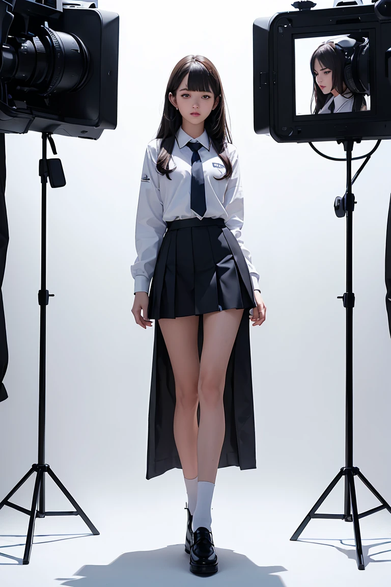 a cut girl with long hair, wearing school uniform, full-body, white background, clean background, full body shot:1.12, Detailed face, detailed eyes, detailed nose, detailed mouth,((UHD,masterpiece,super detail,award winning:1.4,best quality:1.2,highres,high quality))
