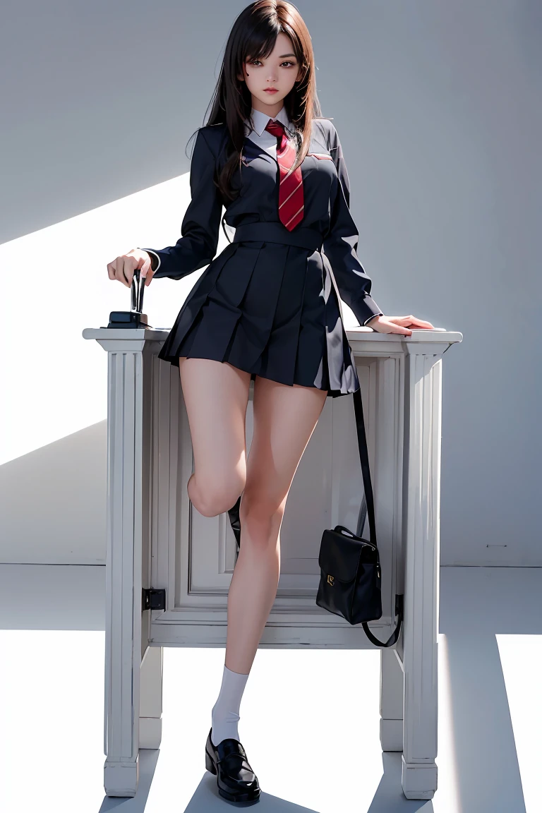 a cut girl with long hair, wearing school uniform, full-body, white background, clean background, full body shot:1.12, Detailed face, detailed eyes, detailed nose, detailed mouth,((UHD,masterpiece,super detail,award winning:1.4,best quality:1.2,highres,high quality))