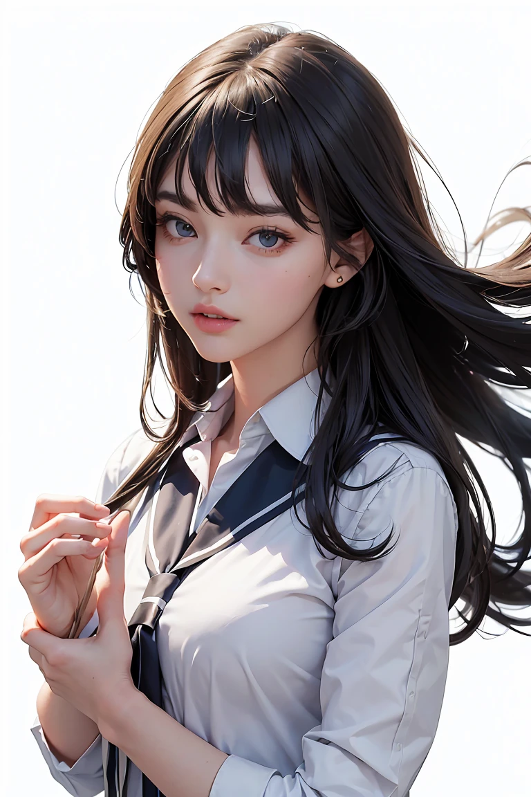 a cut girl with long hair, wearing school uniform, full-body, white background, clean background, full body shot:1.12, Detailed face, detailed eyes, detailed nose, detailed mouth,((UHD,masterpiece,super detail,award winning:1.4,best quality:1.2,highres,high quality))
