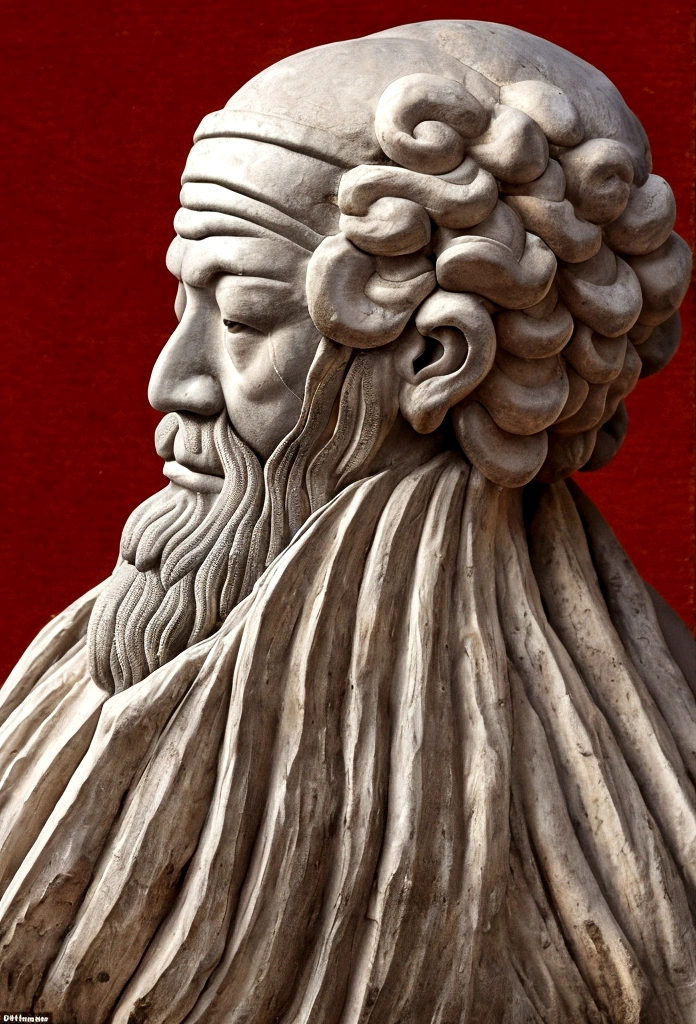 Mencius, a Confucian thinker with white hair and beard, has a kind face and a back view in the mountains.