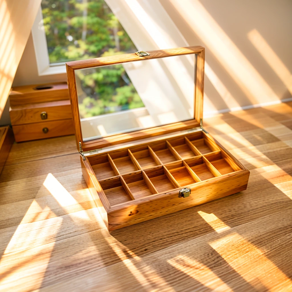 In this cozy room，A ray of sunlight shone through the half-drawn curtains on the table，Let the wood grain on the watch storage box shine with a faint luster。There was a calm and peaceful atmosphere in the air around them。There are several still lifes hanging on the walls of the room，It adds a touch of elegance to the space。And on the other side of the room，The half-open window lets in the breeze，The pages on the small desk by the window turned in the wind，This quiet scene gives a sense of tranquility and comfort。


