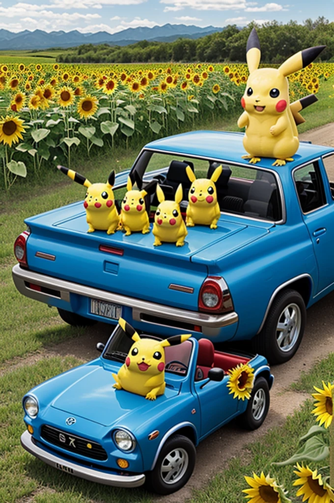 Create a picture with a Pikachu and a lizard in a blue and red Toyota with a basketball and in a field of sunflowers