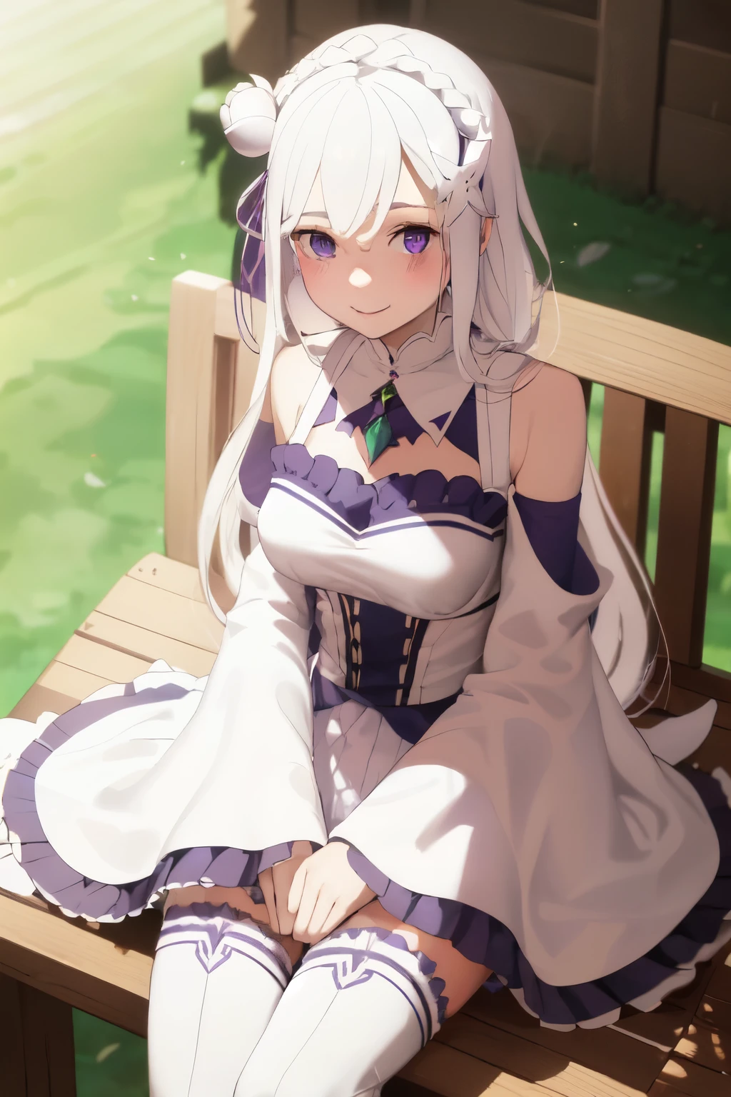 work of art, 1 girl, Emília, rhombus stripe, long hair, crown braid,
offwhite dress, highlighted collar, wide sleeves, x hair ornament, hair flower, hair ribbon, offwhite thigh boots, neckleace, purple ruffles, ruffle_offwhite_go out sitting on the bench, Garden, arms at side,
gazing at viewer, (ssmile:1.2), blush, From  above,showing breasts