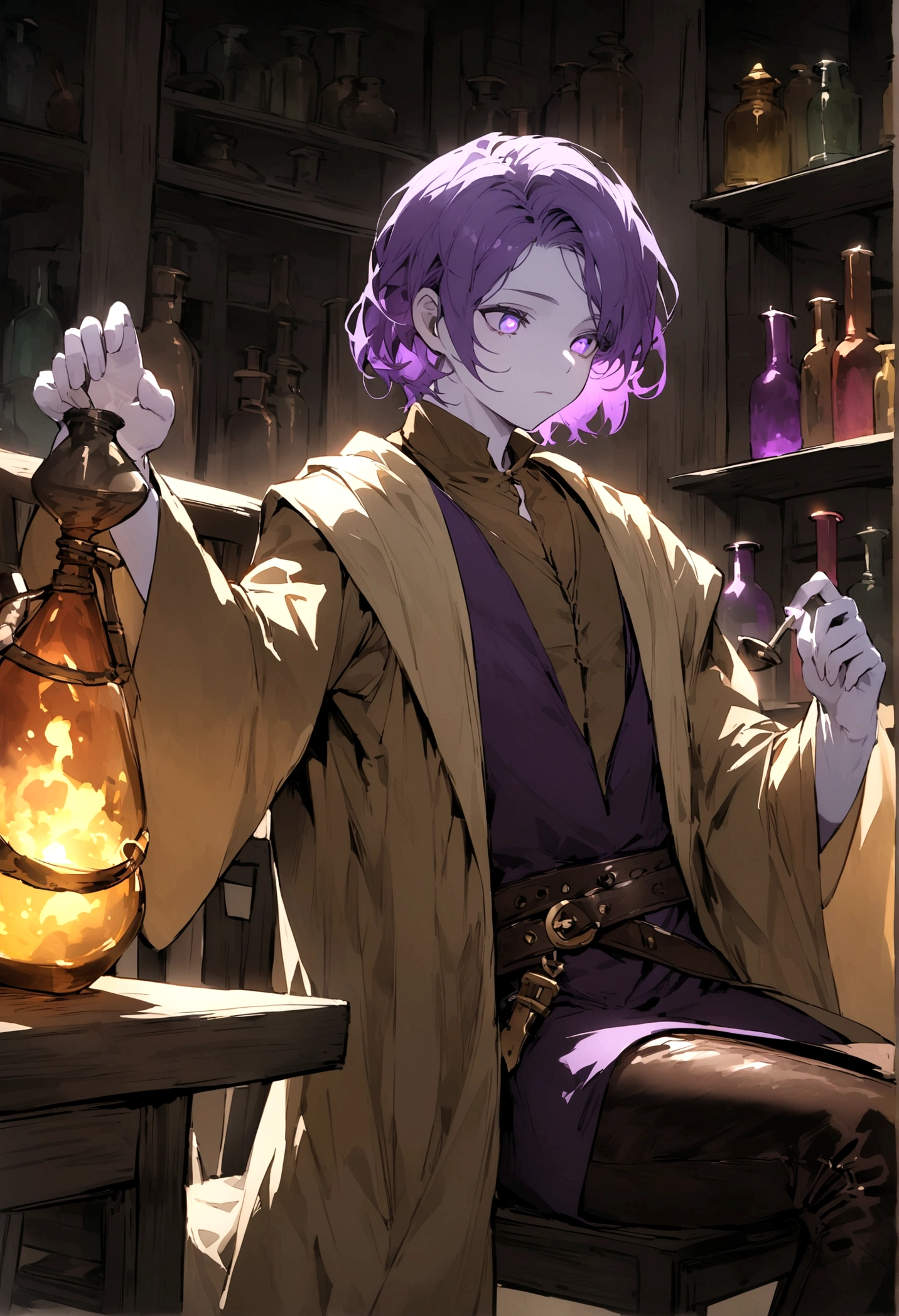 Young human wizard with pale skin and purple hair, jet colored eyes, He wears a dark violet tunic and a brown suit below., leather pants and a brown shirt, He carries alchemical materials on his belt, sitting in a chair working in an alchemical workshop while experimenting with magical materials