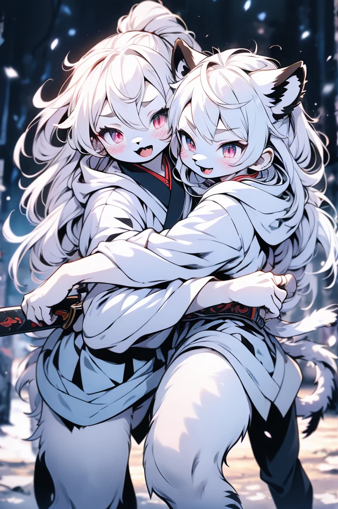 (masterpiece:1.2, best quality), 3girls, little , , child, lolitite, (flat chest), white hair, (big white fox ears), (white kimono), (black kimono), (topless:1.2), naked breast, nipple, bottom, hugging, blush, smile, shy, winter, snow, winter forest, anime minimalist, watercolor