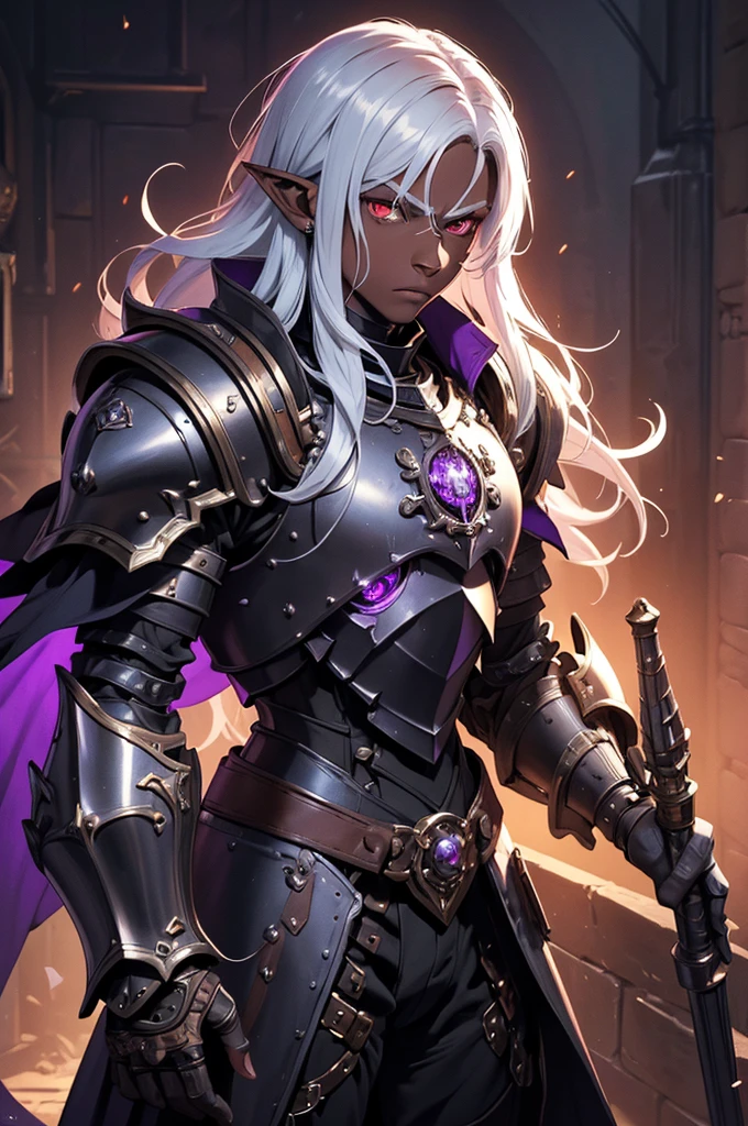 masterpiece, best quality, ultra high res, dark theme, 1boy, (dungeonpunk armor), (mechanical steampunk armor), (wearing armor)fantasy illustration, dark skinned, human, upper body, portrait, red eyes, long white hair, half-drow, pointy ears, serious face, young man, dramatic lighting, purple hue, art by Kinema Citrus