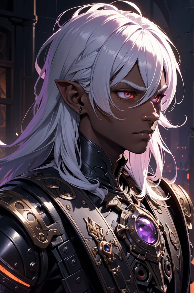 masterpiece, best quality, ultra high res, dark theme, 1boy, (dungeonpunk armor), (mechanical steampunk armor), (wearing armor)fantasy illustration, dark skinned, human, upper body, portrait, red eyes, long white hair, half-drow, pointy ears, serious face, young man, dramatic lighting, purple hue, art by Kinema Citrus