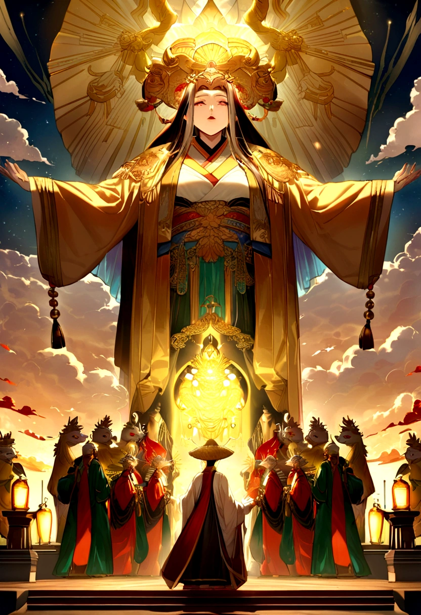 a vivid scene set in the heavenly realm where the old man Jade Emperor, dressed in ornate imperial robes with intricate golden embroidery sat in the throne, meets a humble young farmer. The Jade Emperor stands in front of a majestic celestial palace with golden spires and shimmering clouds, exuding an aura of divine authority and benevolence. The young farmer, wearing simple traditional clothing and holding a straw hat, looks up in awe and respect. Surround them with ethereal elements such as floating lanterns, mythical creatures like dragons and phoenixes, and vibrant celestial flora. The sky should be filled with a soft, golden light, symbolizing the divine presence and the sacred nature of the encounter