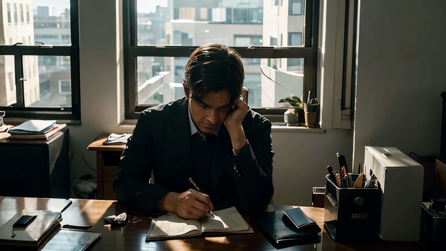 A clock strikes 5pm while you are sitting at your desk, staring at the computer screen. The weight of the impending deadline for your report tomorrow morning suddenly falls on you.

The scene takes place in a disorganized office workspace, bathed in the warm light of the late afternoon sun streaming through the window.
the protagonist, a tired looking individual in work clothes, sits hunched over his desk, your eyes fixed on the unfinished report on your computer screen.
A pile of papers and documents scattered haphazardly across the table indicates the long hours and intense effort already dedicated to the project..
The clock on the wall prominently displays 5 p.m., casting a long shadow over the cluttered workspace, emphasizing the urgency of the task at hand.
The general atmosphere is one of silent despair, as the protagonist struggles with the realization that he has limited time to complete a daunting task.
Additional Detail:

The protagonist&#39;s expression conveys a mixture of determination and anxiety, reflecting his resolve to finish the report despite dwindling time.
The cluttered desk and unfinished report serve as visual metaphors for the protagonist&#39;s mental state., suggesting the overwhelming nature of the task and the pressure he is under.
Warm sunlight streaming through the window creates a sense of contrast, highlighting the protagonist&#39;s isolation and focus amid the chaos of his workspace.
Prominent clock serves as a constant reminder of the approaching deadline, increasing the feeling of urgency and tension.