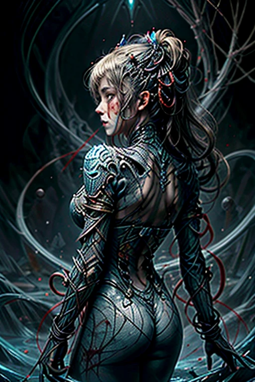 hyper realistic, 8k, award winning digital art, dark fantasy, dramatic lighting, full body shot, facing away, wide angle, back view, deep shadows, a vampiric goddess and her victim, extremely detailed skin, perfect blonde wavy hair, (A vampire goddess is hypnotizing her victim with hand gestures), (she is using her supernatural powers to psychically draw her victim's blood out of its body), hemokinesis, more_details:0.5, (there are lots of blood lines floating around the environment, flowing towards the vampire goddess's hand), she is wearing a very intricate organic exoskeleton detailed with glass textures, the sensuality she exudes is hard to resist, the scene unfolds in a dungeon dimly illuminated by a red glow, dark magic ritual, forbidden sorcery, pale blue and olive hues, mystical energy, dramatic lighting, chiaroscuro, moody atmosphere, cinematic composition, Yoshitaka Amano style