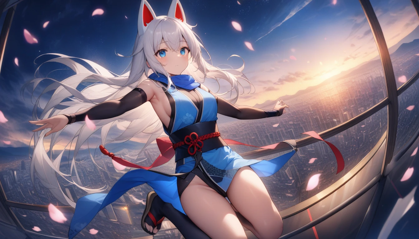 See the townscape while jumping from the sky、jump off、sky diving、Flying in the sky、Fluttering in the wind、Flying in the sky、Jumping from a high-rise building、Exposed armpits and chest、A magnificent view of the city from the treetopasterpiece, best quality:1.2), 1girl, 独奏,Wolf girl, fox mask, ninja, girl, long white hair, odd eyes, blue kimono, ninja girl, red and blue scarf,Dancing Cherry Blossoms,Full moon backlighting, light coming in, fantastic atmosphere.night、Shadows of light and darkness、Eyes glowing in the dark、Black fox mask、Fisheye Lens、Expansive starry sky、long hair that spreads、Jumping from the sky