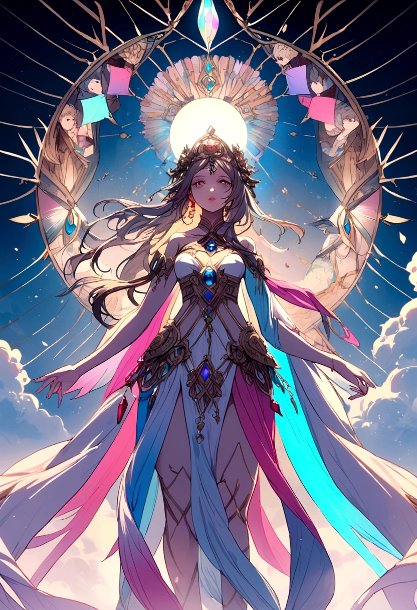 a young goddess that represents creativity with various colors and a symbol that represents it