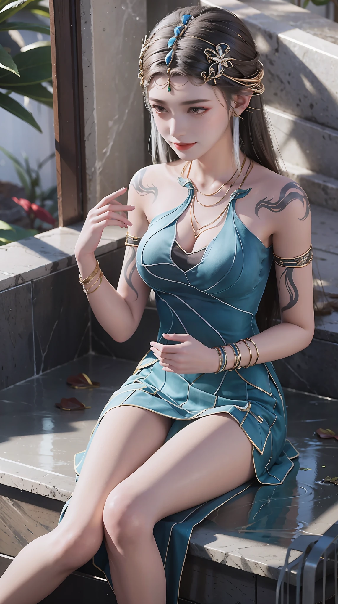 masterpiece, best quality, tthl, 1 Girl, , Solitary, Long hair:1.2, Large Breasts, Bangs, Hair accessories, Double ponytails, skirt, Bare shoulders, Jewelry, Brown hair, Alternative clothing, white skirt, bracelet, ear rings, 长skirt, 蕾丝skirt, bracelet, High heel, 系带High heel, 细High heel, Charming smile,Cross your legs, Sitting in the bathtub, indoors, From below，White Camisole