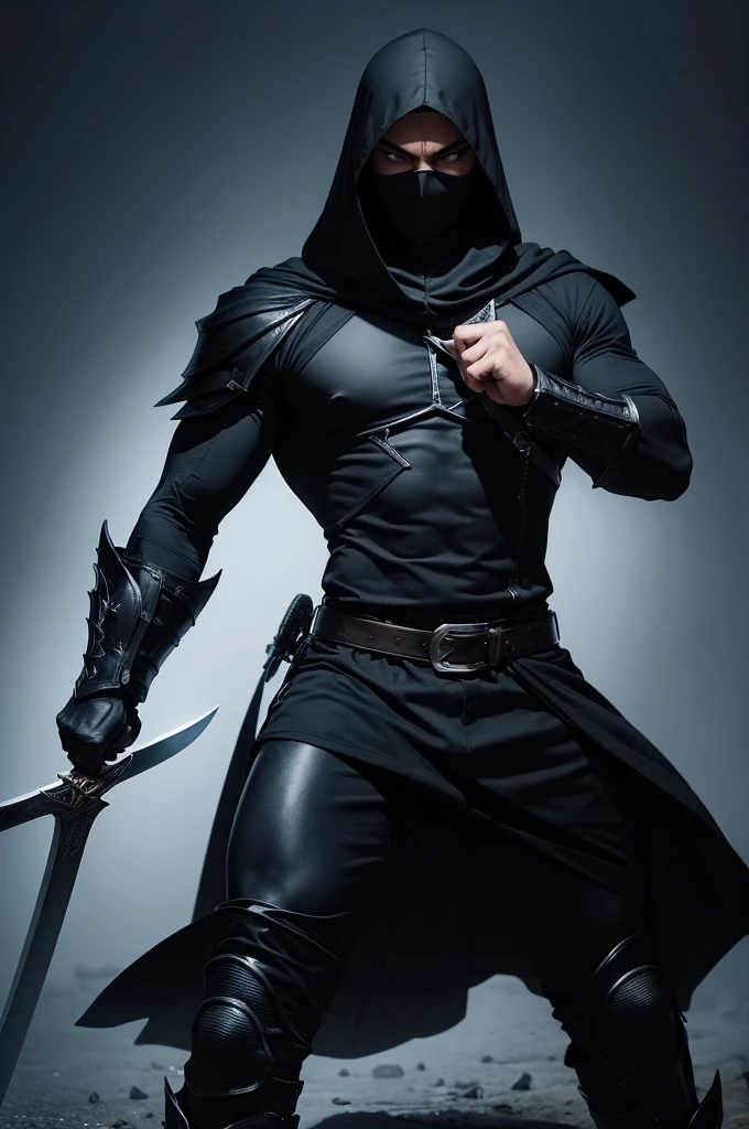 man character, with black cover, very mysterious, man hero outfit, black hood dark hero outfit. Very large sword in hand, Athletic man, with sword.