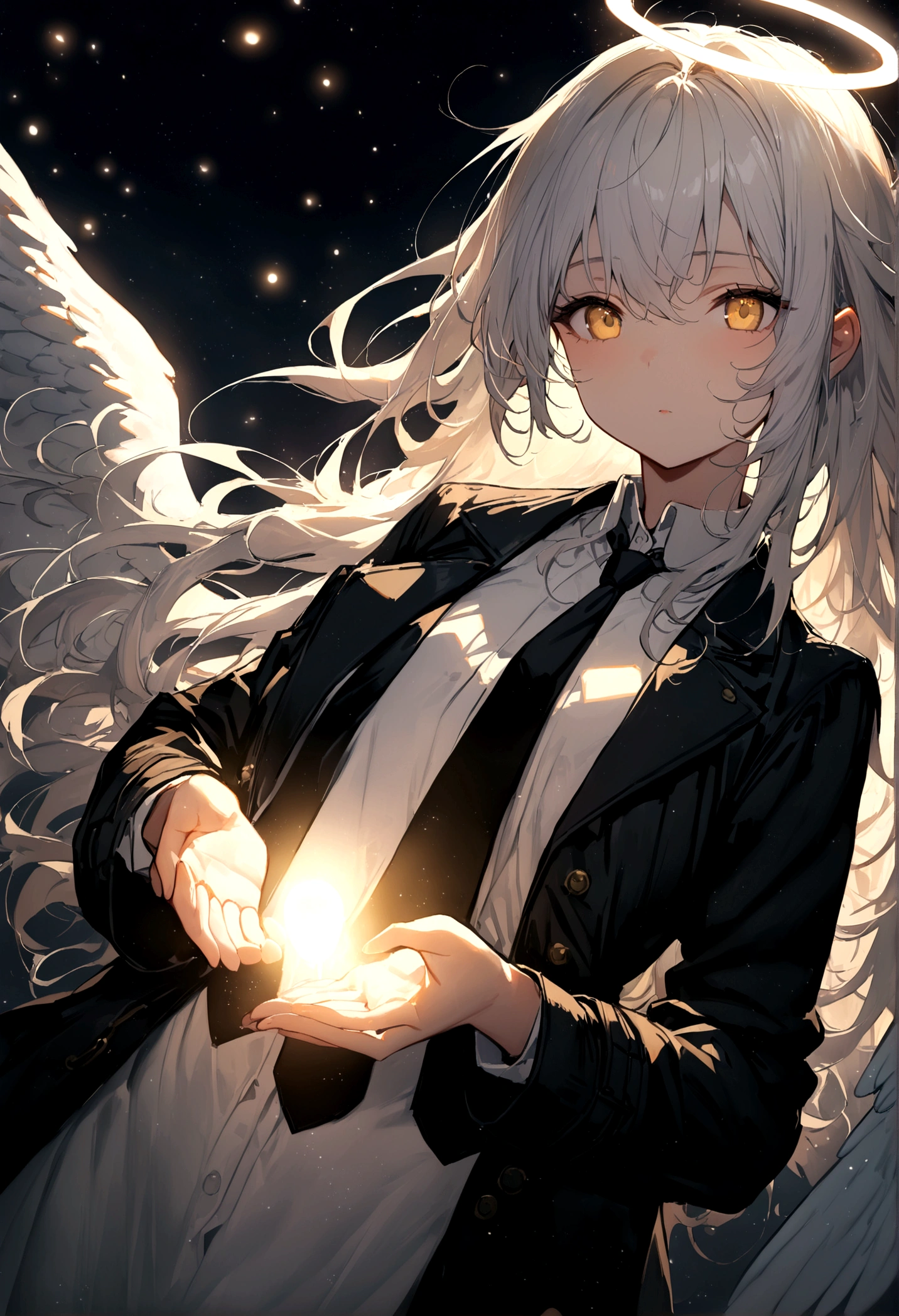 (masterpiece, best quality:1.3), (Extremely detailed:1.3), 1 Girl, Solitary, (White hair, Messy hair, Long hair), (Angel Wings, Angel Halo), flat chest, Yellow eyes, (White shirt, Black tie, Black coat, Open coat), Cowboy shooting, light, (((Glowing light particles))), (Put your hands behind your back), Dynamic Angle,