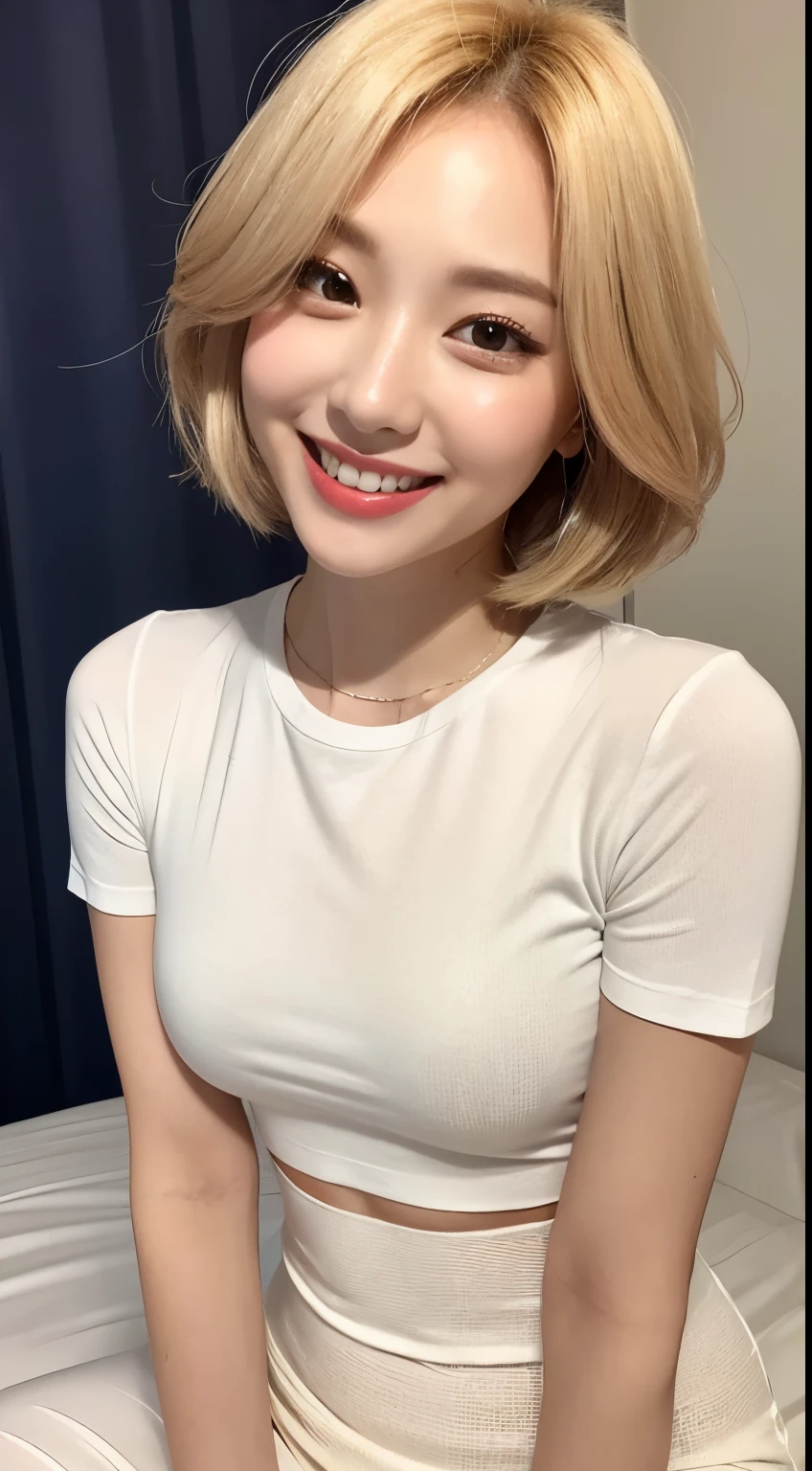 White tight skinny shirt、White tight mini skinny skirt、bed、smile、Short sleeve、high resolution、Korean idol face、double eyelid、White teeth、Medium Hair