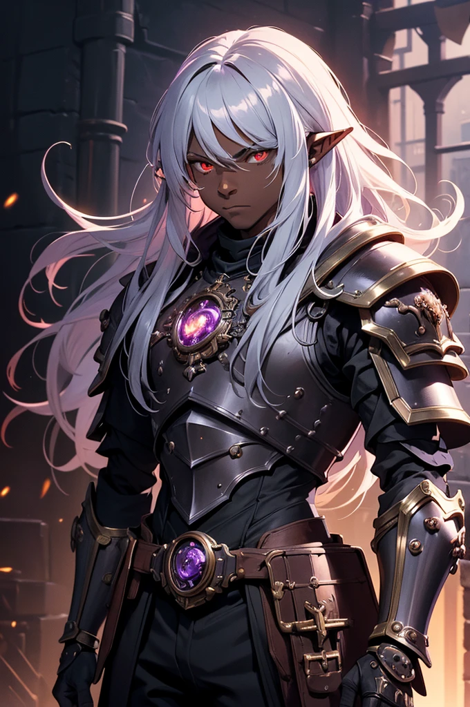 masterpiece, best quality, ultra high res, dark theme, 1boy, (dungeonpunk armor), (mechanical steampunk armor), (wearing armor)fantasy illustration, dark skinned, human, upper body, portrait, red eyes, long white hair, half-drow, pointy ears, serious face, young man, dramatic lighting, purple hue, art by Kinema Citrus