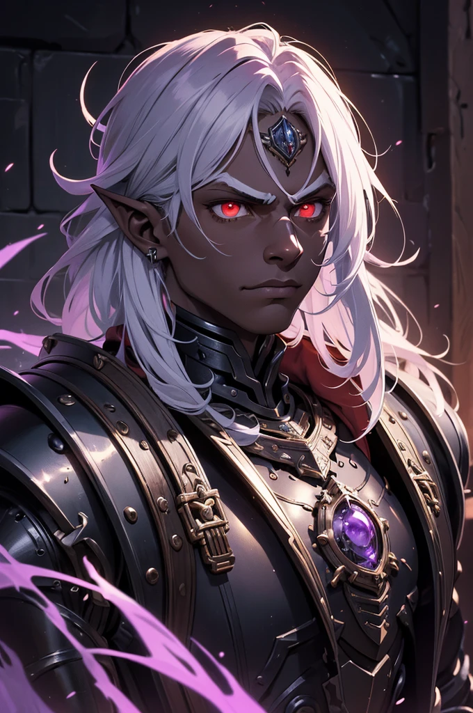 masterpiece, best quality, ultra high res, dark theme, 1boy, (dungeonpunk armor), (mechanical steampunk armor), (wearing armor)fantasy illustration, dark skinned, human, upper body, portrait, red eyes, long white hair, half-drow, pointy ears, serious face, young man, dramatic lighting, purple hue, art by Kinema Citrus