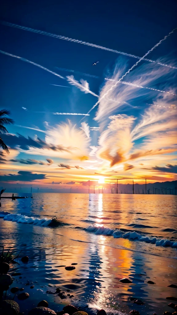 An absolutely mesmerizing sunset on the beach with a mix of orange, red, pink and yellow in the sky. The water is crystal clear, gently kissing the shore, and the sandy beach is endless. The scene is dynamic and breathtaking, with seagulls soaring high in the air and palm trees gently swaying. Immerse yourself in the calm atmosphere and let the tranquil surroundings surround you.spotlight, dark theme, starry,strry light,night,colorful,cloud,star \(sky\),
