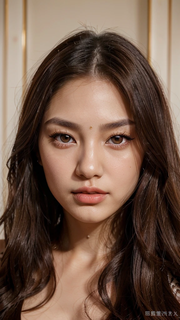 a close up of a woman with long hair and a pink lipstick, beautiful aesthetic face, brown eyes and white skin, clear lips and high quality, attractive female face!!!, light brown piercing eyes, beautiful japanese girls face, extremely beautiful face, lovely delicate face, gorgeous chinese model, red contact lenses, bright piercing brown eyes, photorealistic beautiful face