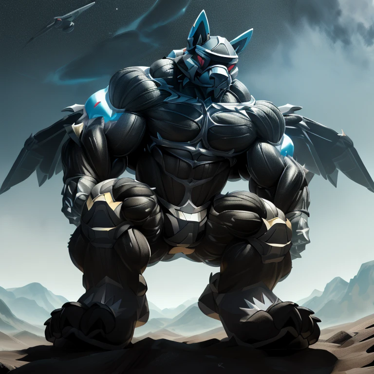 (masterpiece. official art. 8k. best quality. detailed full body. full body.)
(situation 1 : LUCARIO in the space sitting in a tiny planet earth. Height 1800m)
(Additional details 1: wearing a full-face helmet. helmet is jet black. The color of NANOSUIT is jet black. high-tech bio-mecha armor. real texture material. whole body shines like metal. Wearing cyberpunk mecha. emphasizes the muscles. suit fully made of metal. intricate armor. Robotic suit. suit fully made of metal. NANOSUIT with the same design as LUCARIO.). (Lucario has 5 toes.)
(Additional details 2: (Detailed head. Detailed Body. Detailed abs. gigantic muscles. HYPER MUSCLES. Gigachad Muscular. big muscle. pecs. triceps. traps. unusually developed muscular body. body full of huge muscles. showing off muscles. pectorales enormes. Exaggeratedly huge muscles. huge muscles. long legs.).
(Additional details 3: nj5furry, Spread wings. It has wings. black have big wings. The claws are sharp. Sharp teeth.5 toes.).