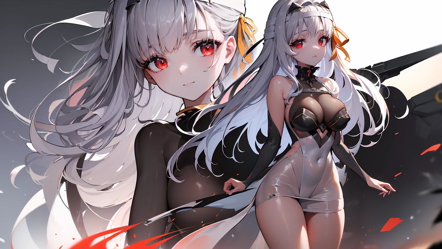((((Obra maestra, La mejor calidad, ultrahigh resolution)))), 1girl, standing, (cute maid costume), ((long pure silver hair and grey mesh hair, hair over eye)), long hair cut, pale skin, ((red eyes)), glowing_eyes, neon eyes, (ultra detailed eyes:0.7, beautiful and detailed face, detailed eyes:0.9), ((centered)), smile, ((wide shot)), facing viewer, ((vibrant background, bright lighting, summer, sunlight)), flat chested, looking at viewer, ((half closed eyes)), ((perfect hands)), (((head:1, arms, hips in view, elbows, arms, legs, in view))), ((hands behind back)), empty eyes, beautiful lighting, ((outside, outdoors)), defined subject, head tilt, (((gritty)), ((creepy)), ((cool)), ((beautiful)), (((SFW)))