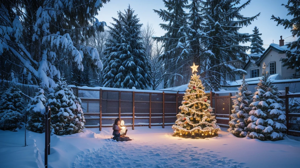 snowy scene with a Christmas tree and a fence in the foreground, The art of math by Krzysztof Boguszewski, shutter, The art of math, Christmas tree, Surrealism, holiday, Snowy winter Christmas Eve, A beautiful tree, Bright light,Full of winter atmosphere, Light Snow, 4 0 9 6, There is a tree in the background and a child is meditating and praying under the tree.