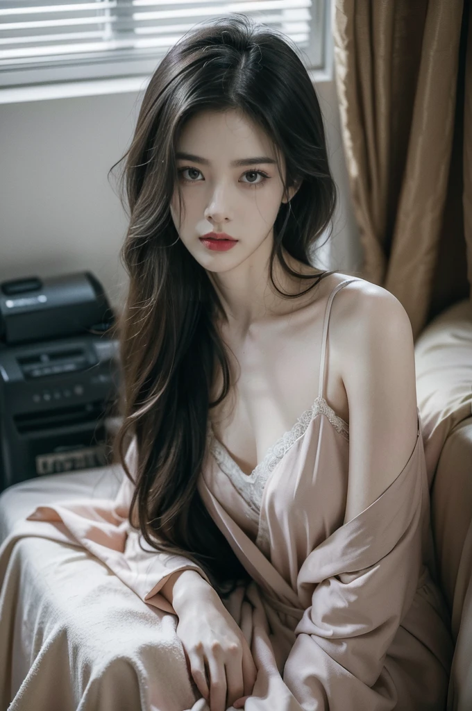 (((best quality))), (((ultra detailed))), (((masterpiece))), illustration,a beautiful girl,solo,slim,thin,messy hair,shoulder length straight bob hair,Dark Circles,Eyes bloodshot,(sad expression:1.3),flat chest,sitting on the bed,in a bedroom,halter lace nightgown, deep in thought, dimly lit room, soft glow of a digital clock, dark curtains, seclusion and introspection, disheveled hair, shadowed eyes, sleeplessness, delicate features, fragile beauty, pale skin, rouge on cheeks, heavy atmosphere, silence, soft hum of a refrigerator, woman's expression of deep contemplation, searching eyes, capturing the essence of struggle, vulnerability,(dark night scene:1.3),spread legs apart,arms behind back