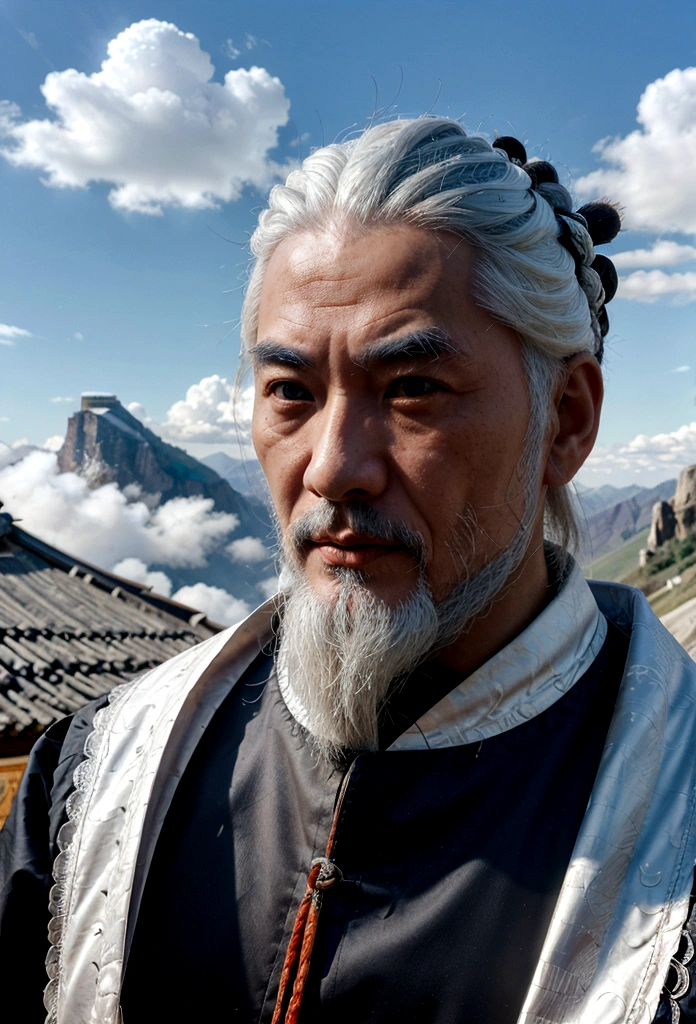 Mencius, a Confucian thinker with white hair and beard, a kind face, and a high mountain in the distance, extreme light and shadow, blue sky and white clouds